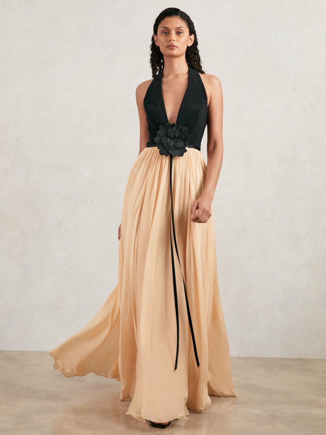 Halston Crepe and Chiffon Maxi Dress in Black/Ivory
