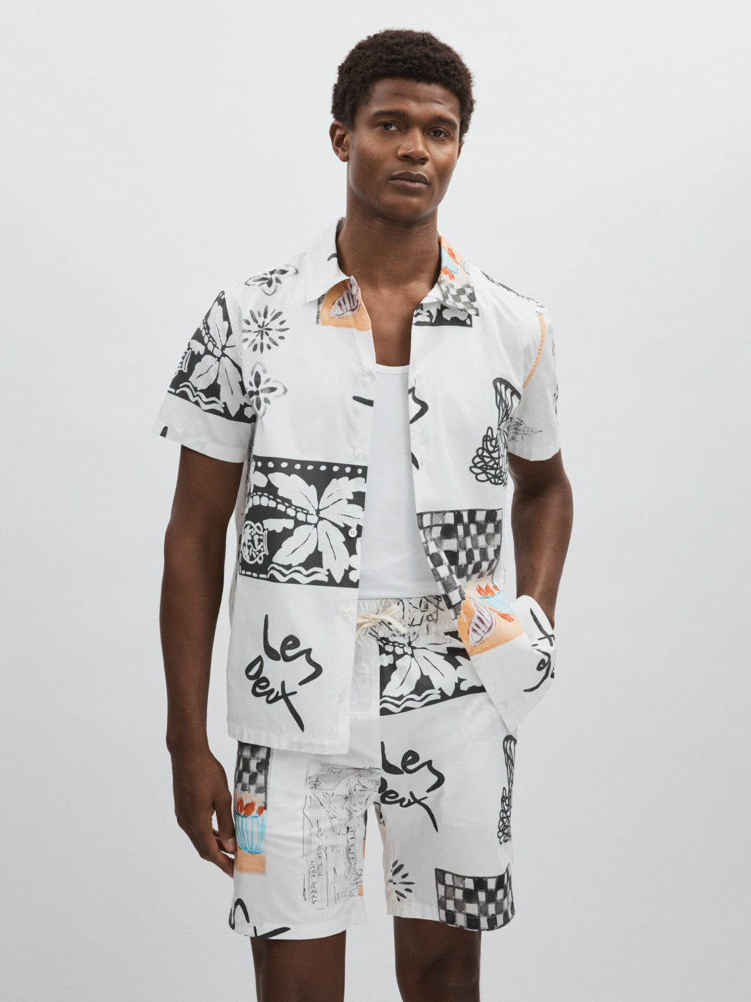 Les Deux Cotton Graphic-Print Shirt in Ivory Print | Reiss Onsale