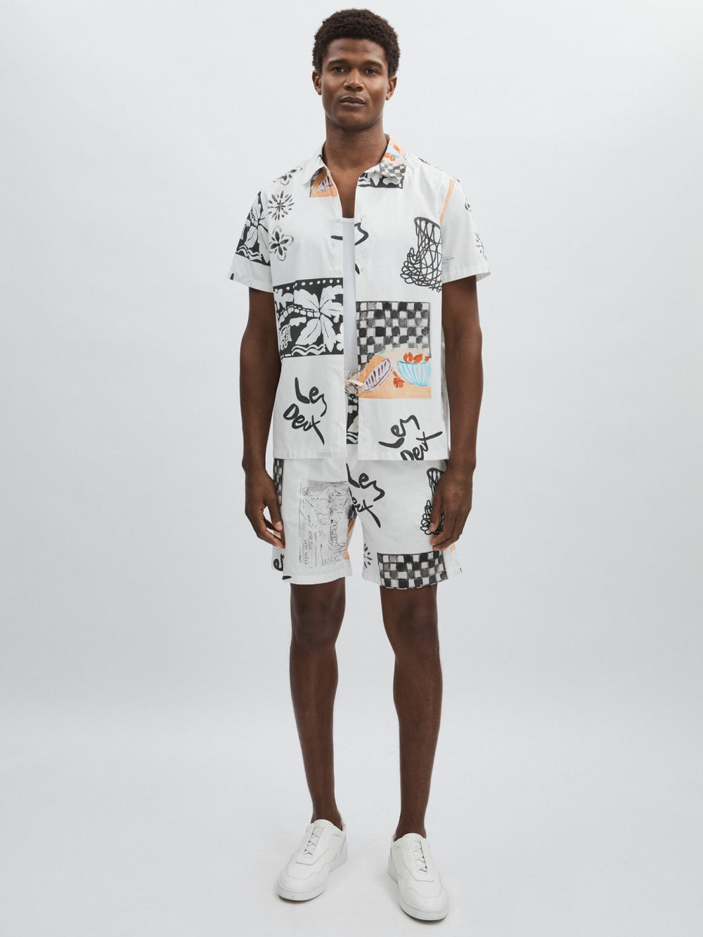 Les Deux Cotton Graphic-Print Shirt in Ivory Print | Reiss Onsale