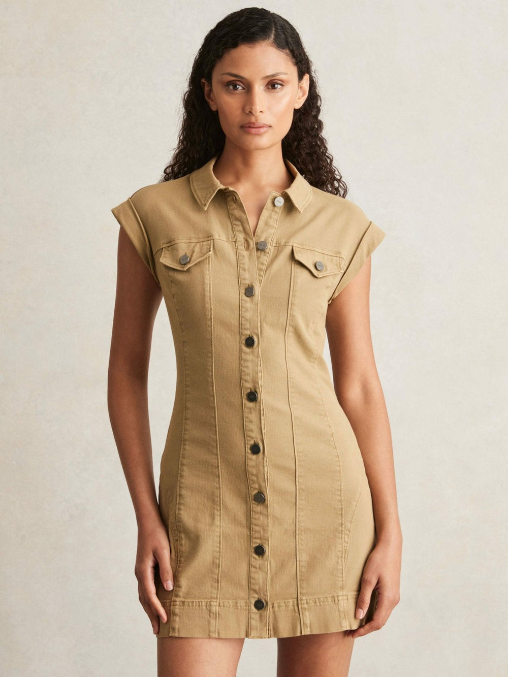 Paige Fern Beige Denim Button Through Mini Dress in Fern Beige | Reiss