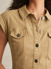 Paige Fern Beige Denim Button Through Mini Dress in Fern Beige | Reiss