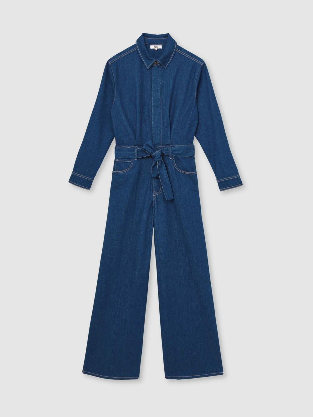 Paige Maraya Blue Wide Leg Belted Denim Jumpsuit in Maraya Blue | Reiss USA
