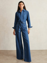 Paige Maraya Blue Wide Leg Belted Denim Jumpsuit in Maraya Blue | Reiss USA