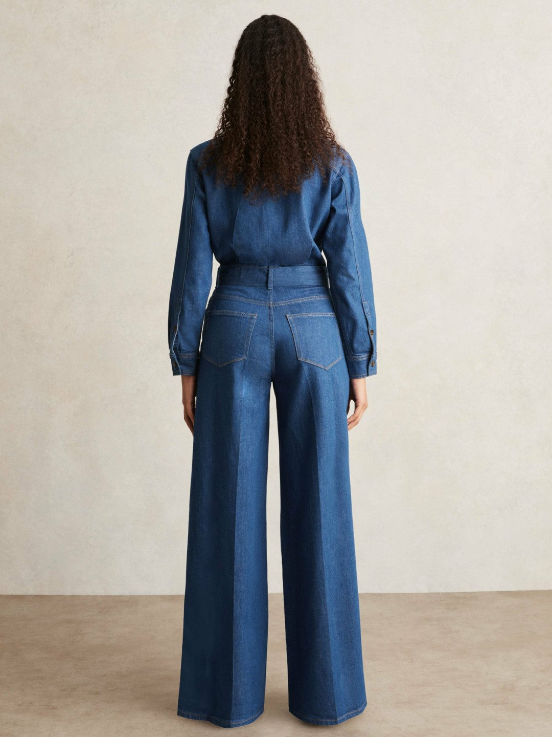 Paige Maraya Blue Wide Leg Belted Denim Jumpsuit in Maraya Blue | Reiss USA