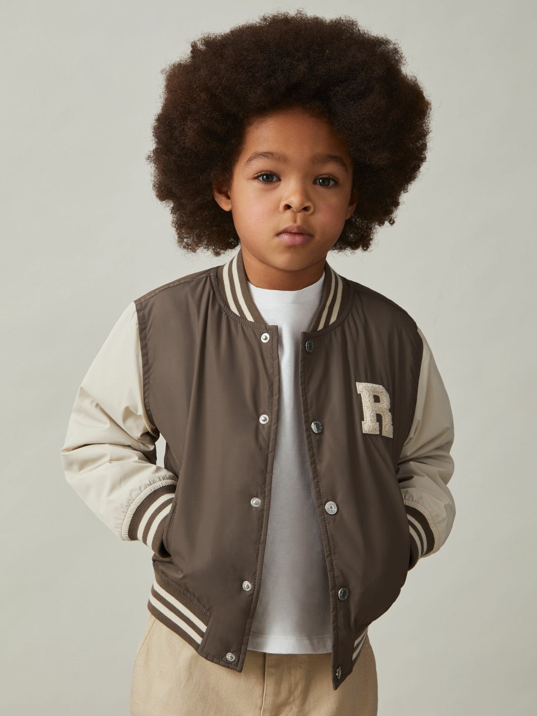 3-9 yrs Colour-Block Varsity Bomber Jacket in Mink Brown/Off White | Reiss Sale