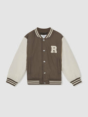 3-9 yrs Colour-Block Varsity Bomber Jacket in Mink Brown/Off White | Reiss Sale