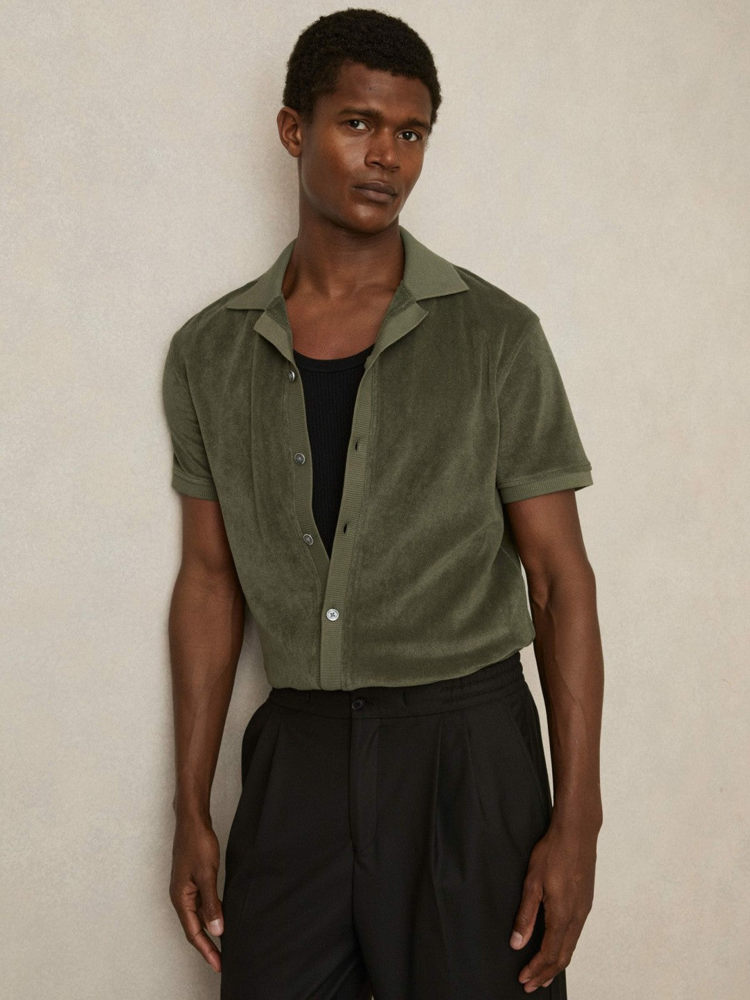 Cotton Blend Towelling Shirt in Green | Reiss Sale
