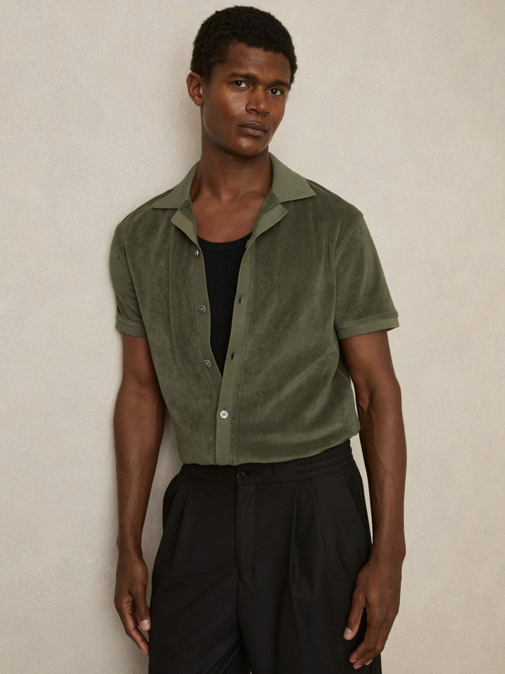 Cotton Blend Towelling Shirt in Green | Reiss Sale