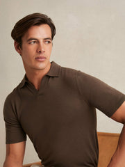 Merino Wool Open Collar Polo Shirt in Chocolate Brown | Reiss USA