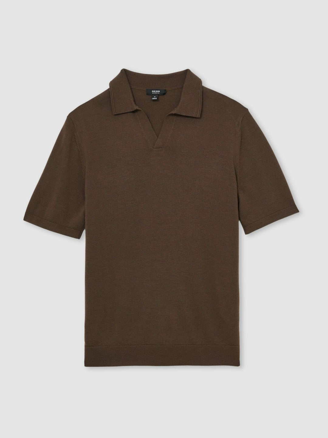 Merino Wool Open Collar Polo Shirt in Chocolate Brown | Reiss USA