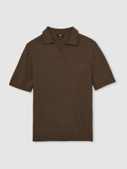 Merino Wool Open Collar Polo Shirt in Chocolate Brown | Reiss USA