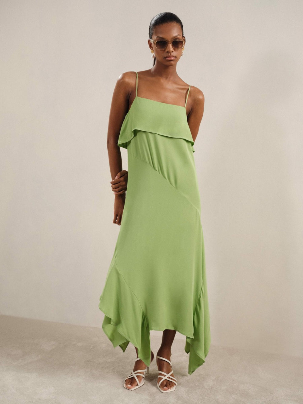 Ruffle-Detail Midi Dress in Green | Reiss Discount