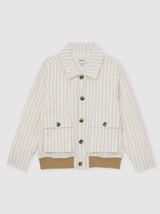 13-14 yrs Cotton Pinstripe Harrington Jacket in Off White/Taupe Brown | Reiss Sale