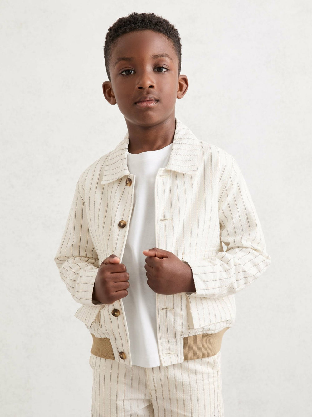 13-14 yrs Cotton Pinstripe Harrington Jacket in Off White/Taupe Brown | Reiss Sale