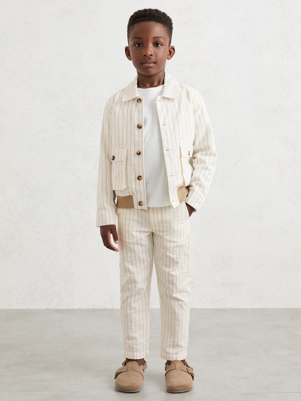 13-14 yrs Cotton Pinstripe Harrington Jacket in Off White/Taupe Brown | Reiss Sale