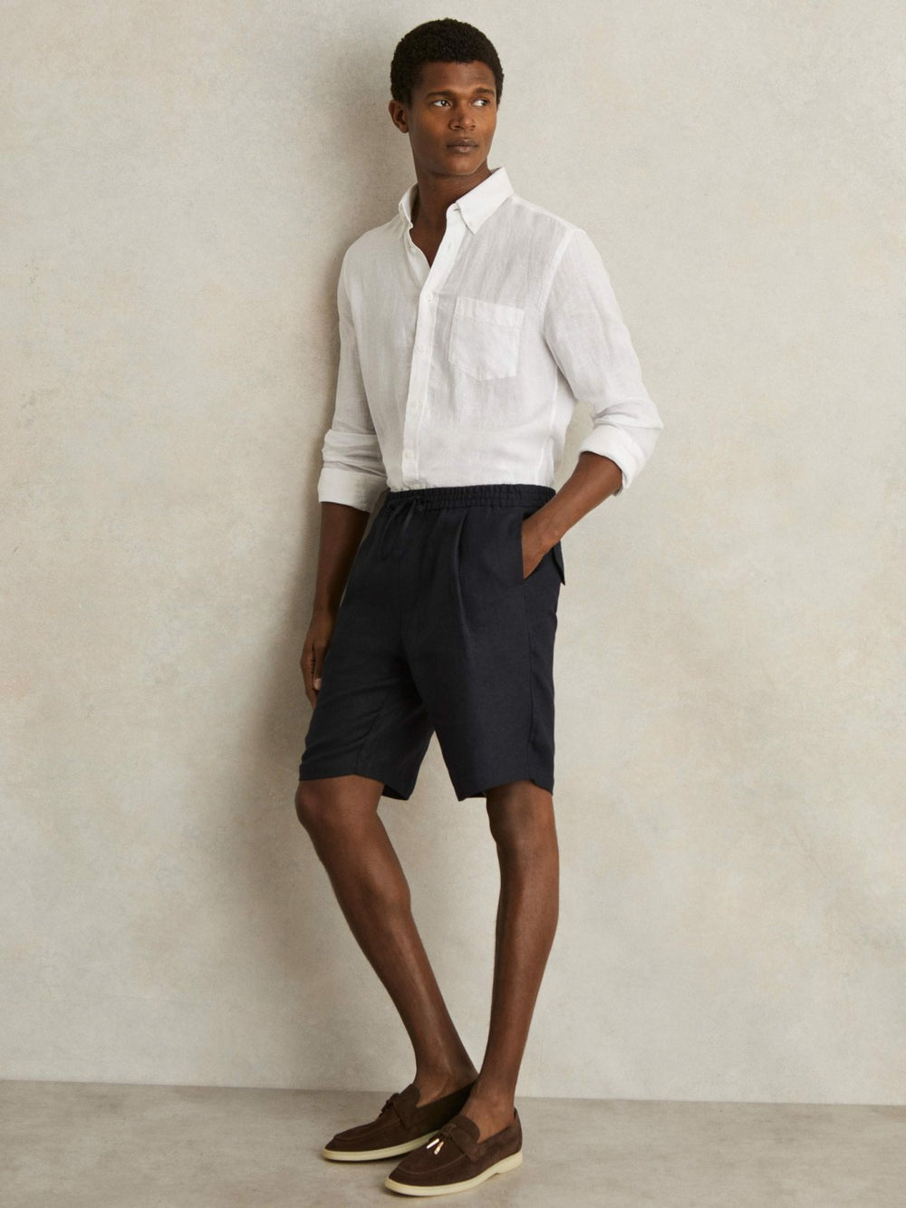Linen Drawstring Shorts in Navy | Reiss Onsale