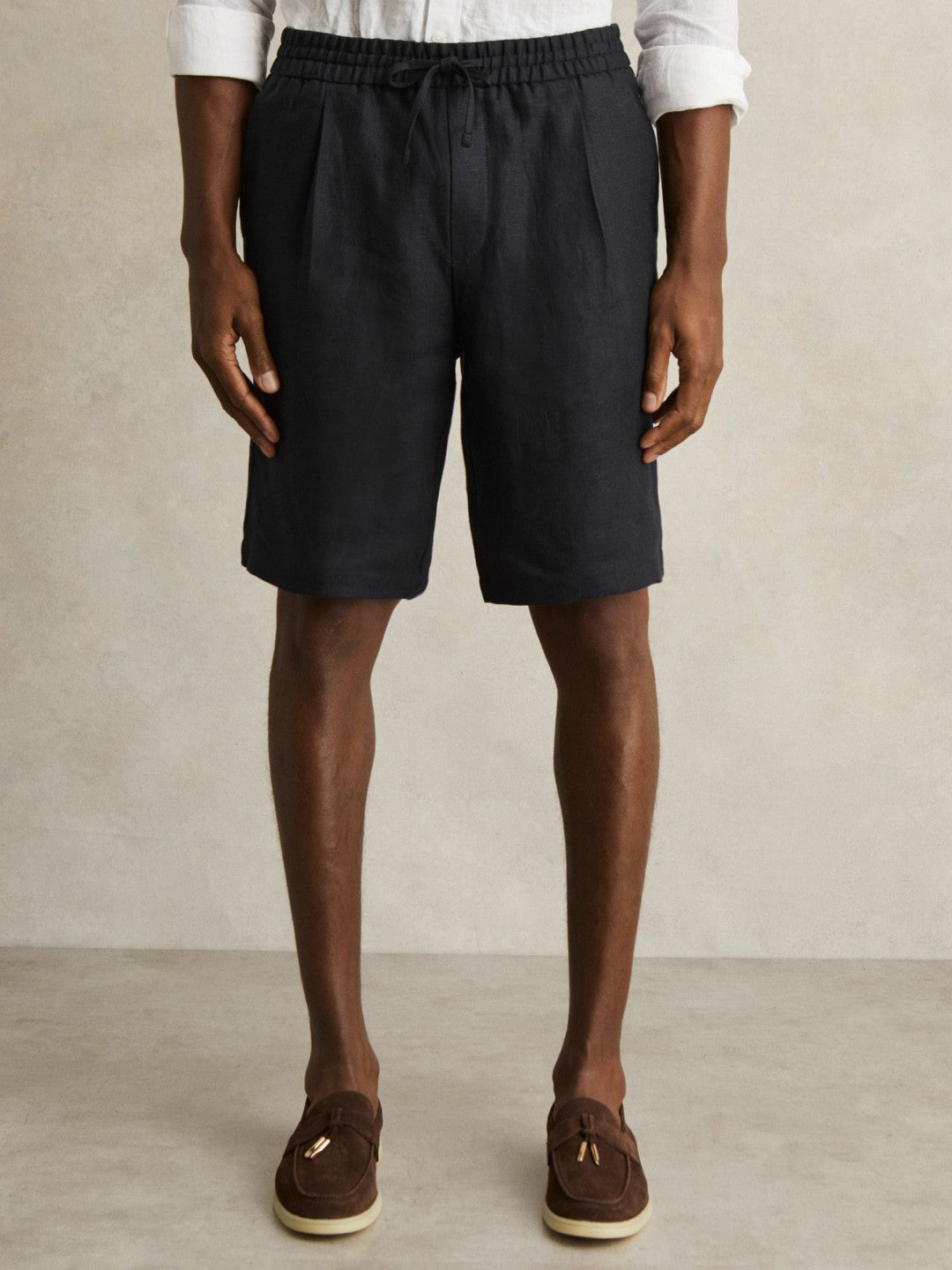 Linen Drawstring Shorts in Navy | Reiss Onsale