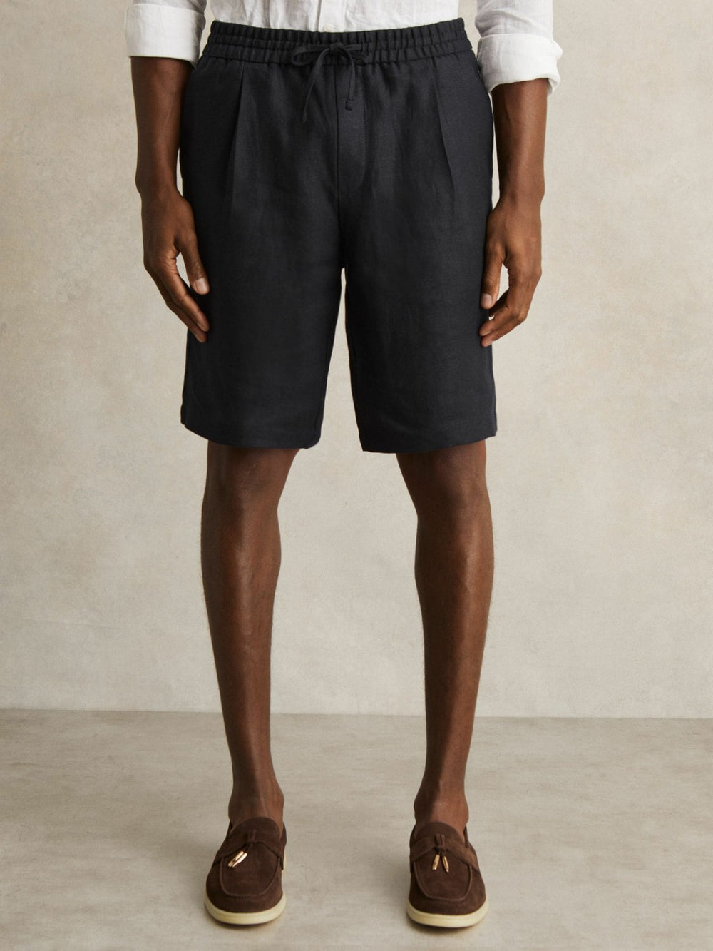 Linen Drawstring Shorts in Navy | Reiss Onsale