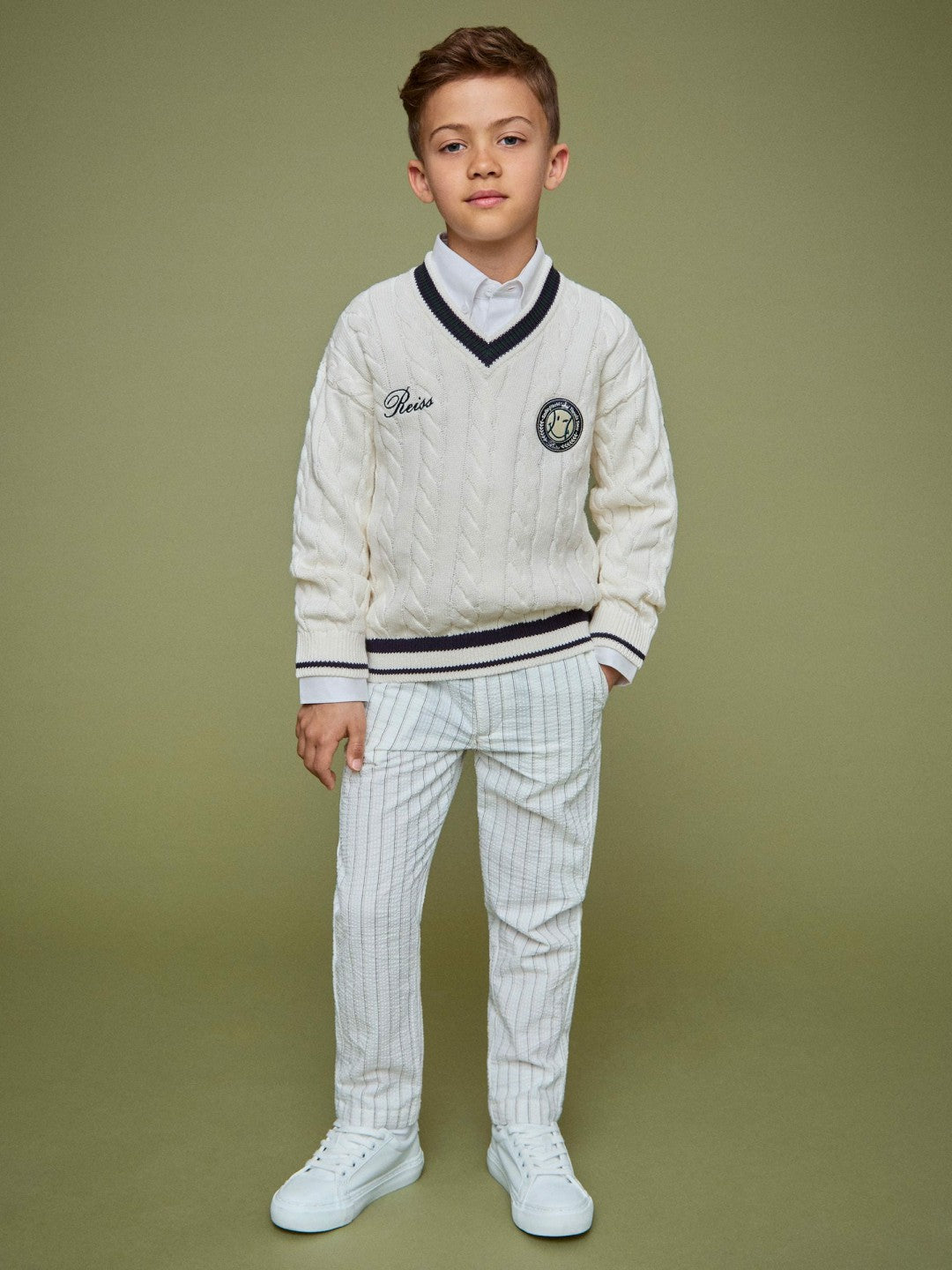 9-13 yrs SmileyWorld Cable-Knit Jumper Unisex Fit in Off White | Reiss USA