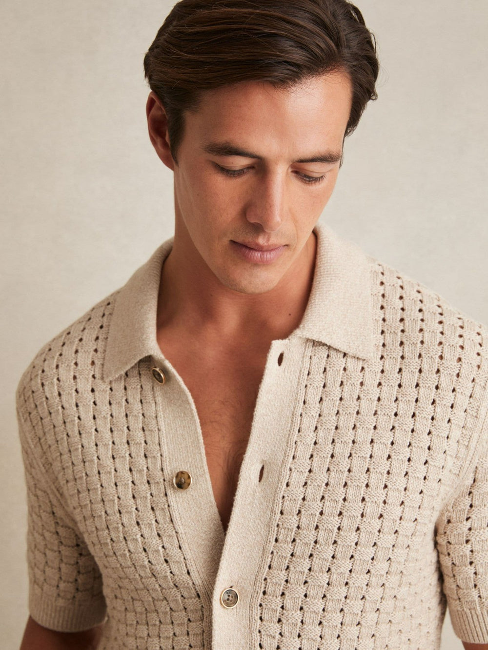 Basketweave Knit Button Through Cotton Blend Shirt in Stone | Reiss For Sale