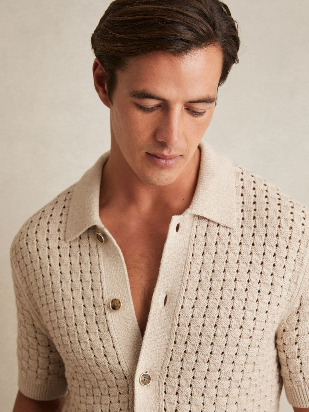 Basketweave Knit Button Through Cotton Blend Shirt in Stone | Reiss For Sale