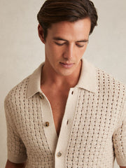 Basketweave Knit Button Through Cotton Blend Shirt in Stone | Reiss For Sale
