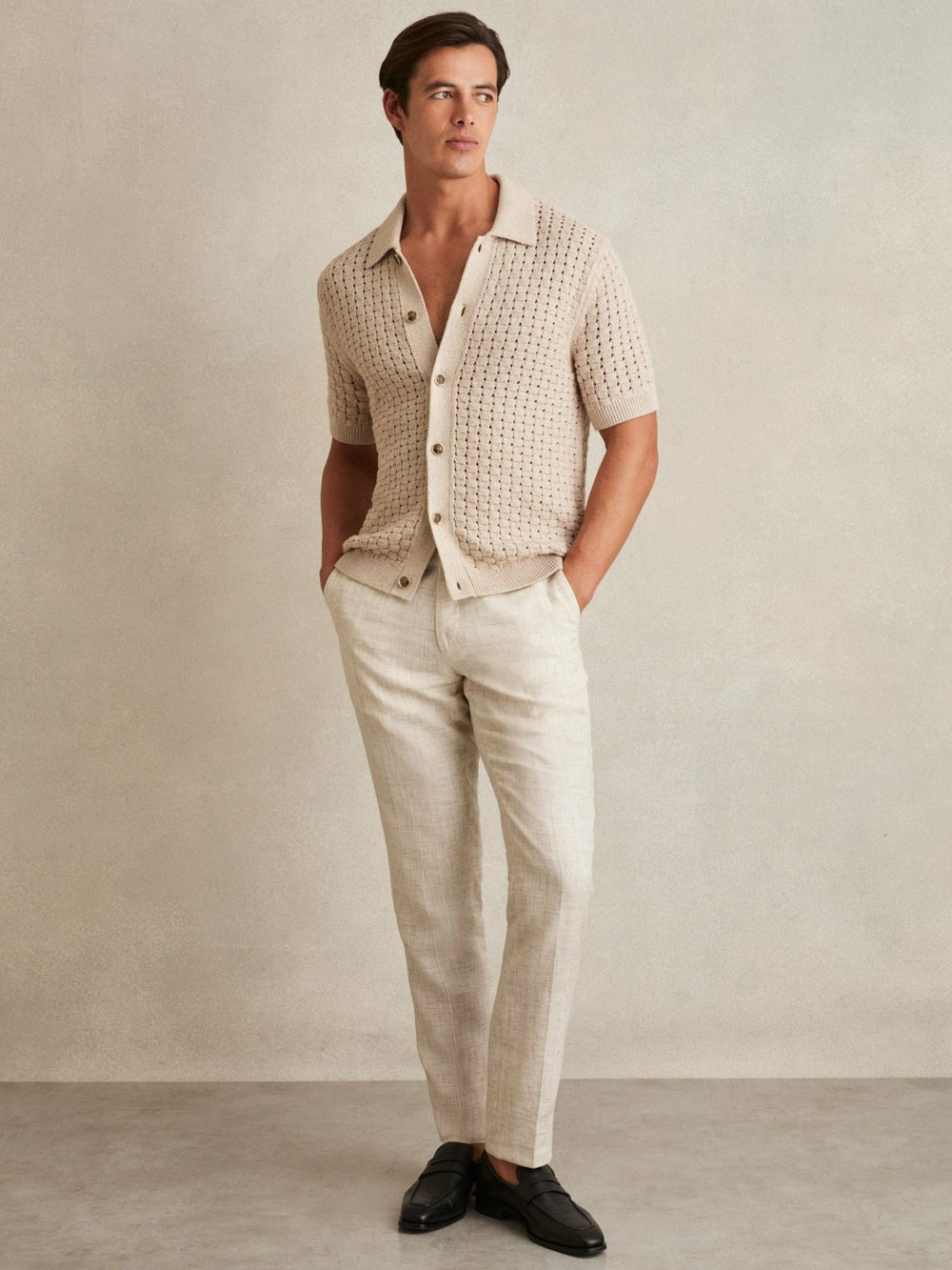 Basketweave Knit Button Through Cotton Blend Shirt in Stone | Reiss For Sale