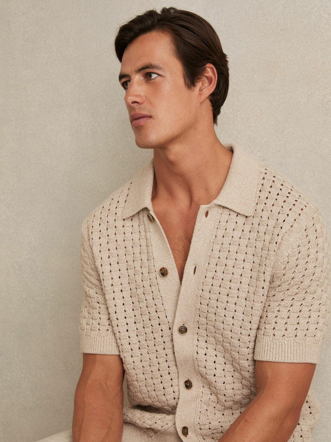 Basketweave Knit Button Through Cotton Blend Shirt in Stone | Reiss For Sale