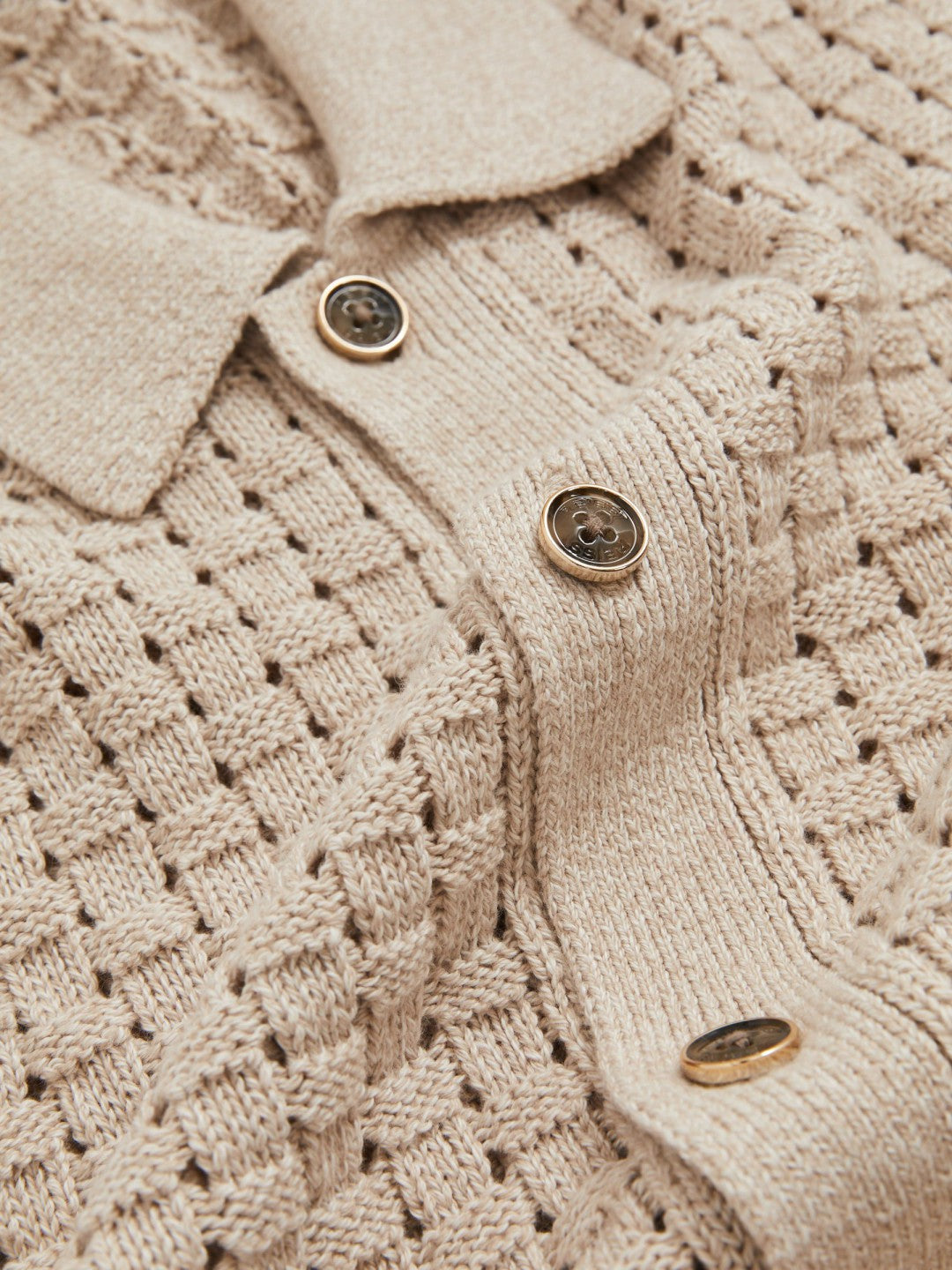 Basketweave Knit Button Through Cotton Blend Shirt in Stone | Reiss For Sale