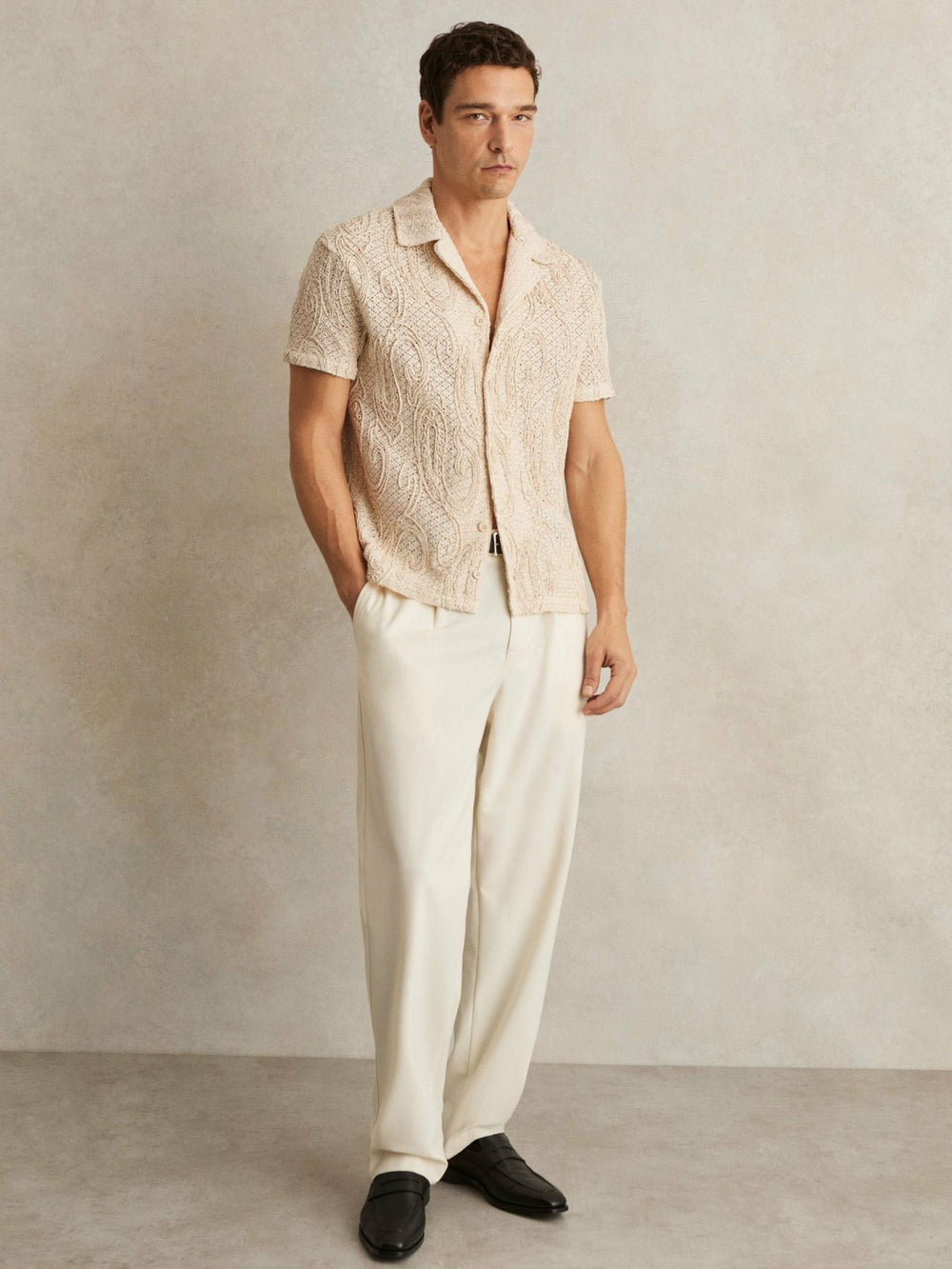 Cotton-Blend Embroidered Crochet Shirt in Oatmeal | Reiss Sale