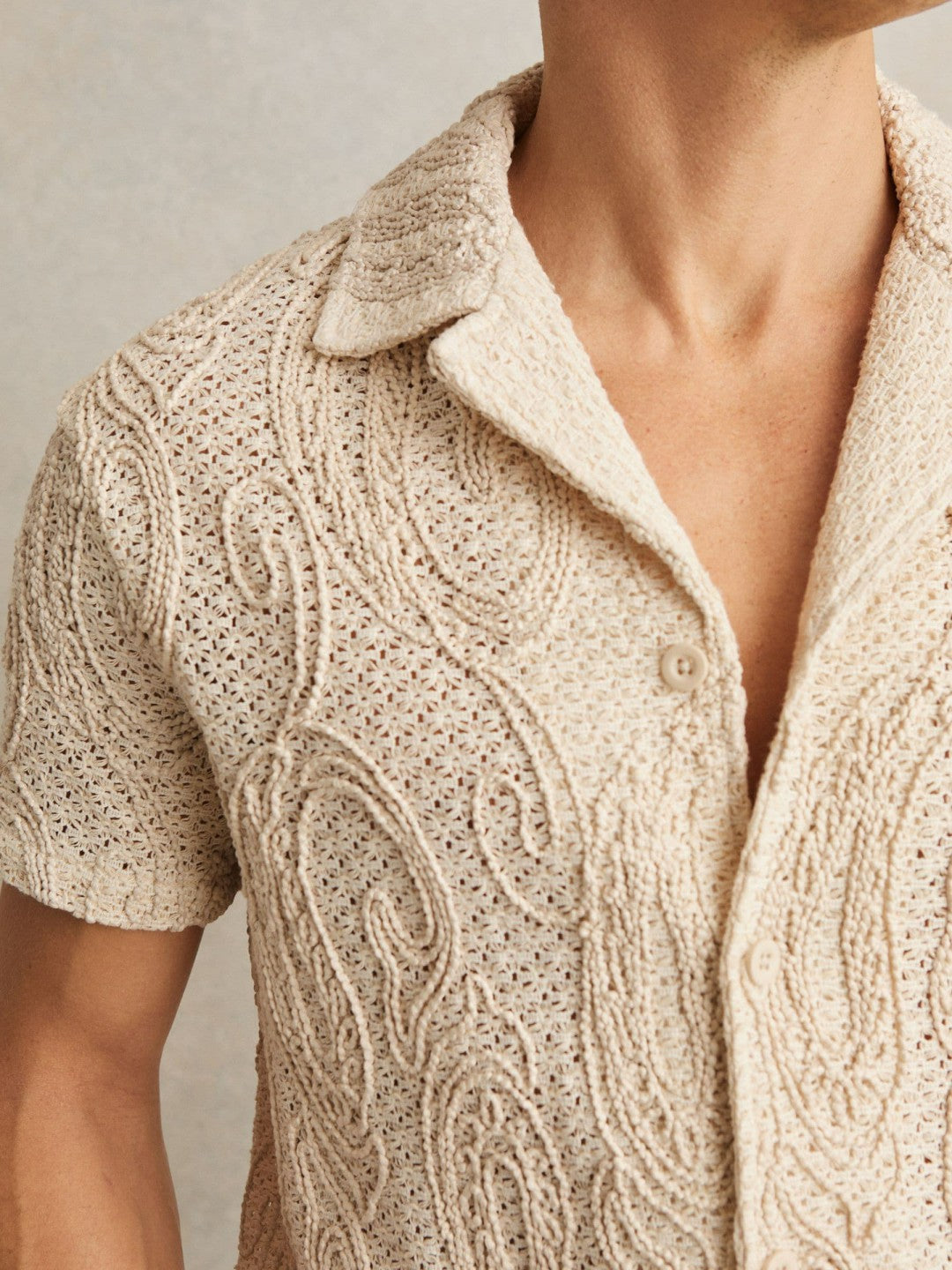 Cotton-Blend Embroidered Crochet Shirt in Oatmeal | Reiss Sale
