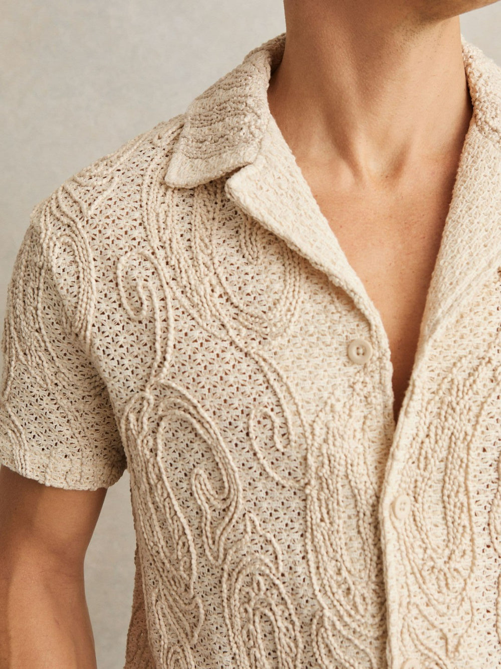 Cotton-Blend Embroidered Crochet Shirt in Oatmeal | Reiss Sale