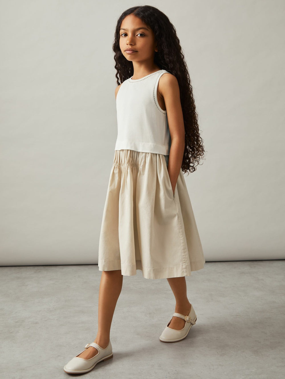 3-9 yrs Cotton Layered Sleeveless Midi Dress in Neutral | Reiss Near Me