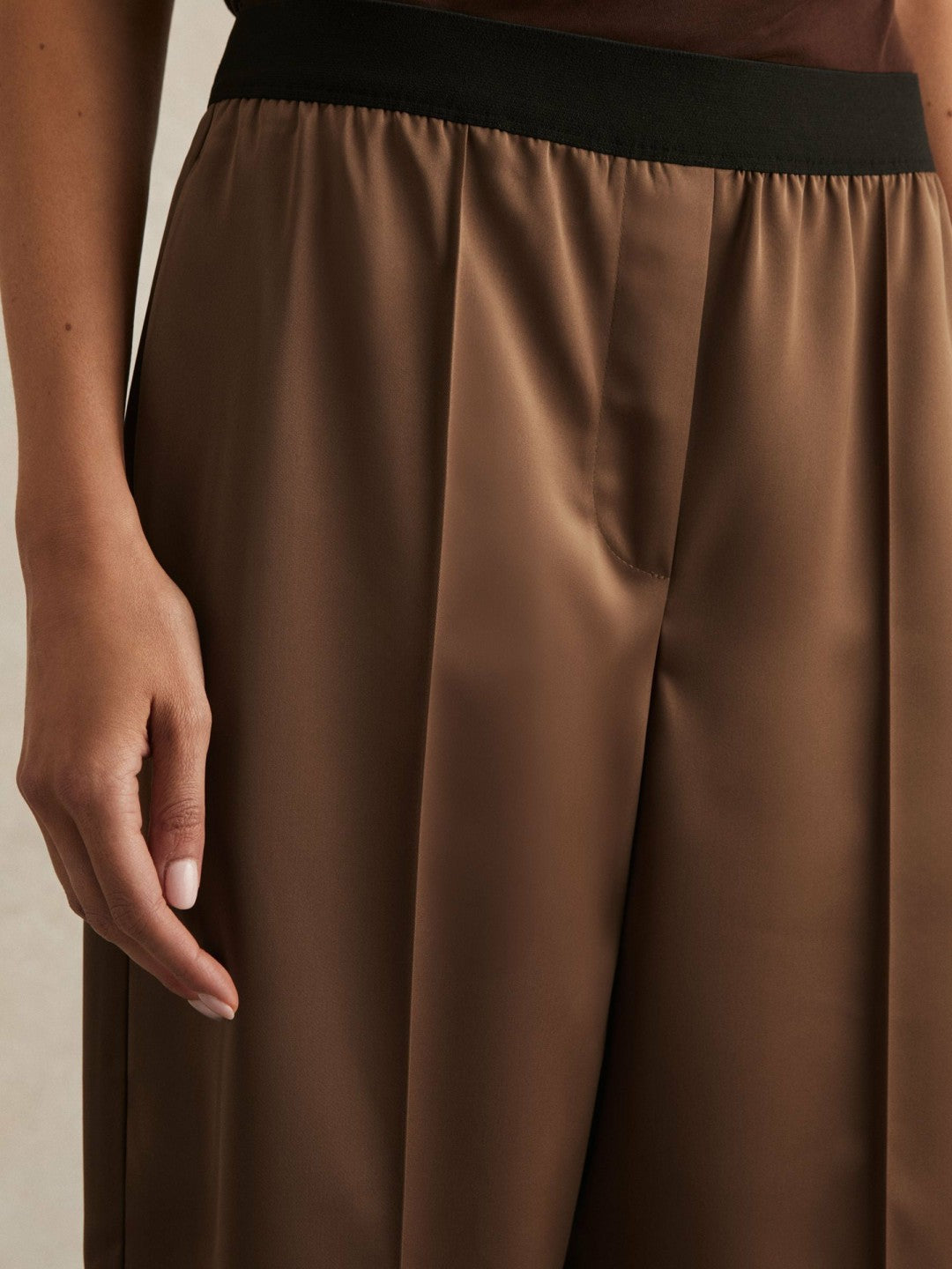 Petite Satin Wide Leg Elastic Waist Trousers in Taupe Neutral | Reiss Onsale