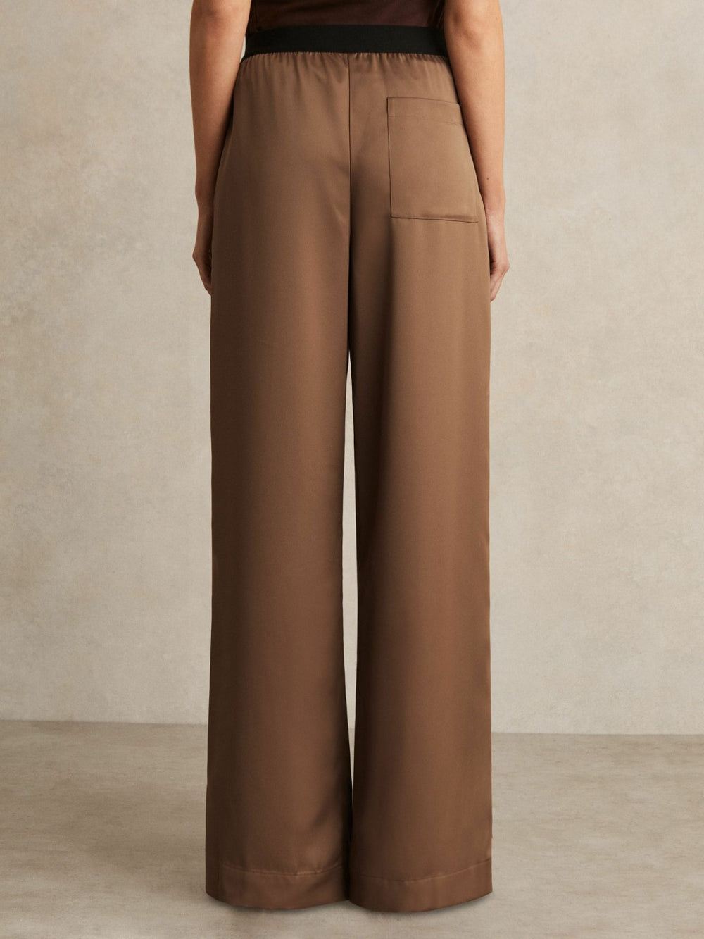 Petite Satin Wide Leg Elastic Waist Trousers in Taupe Neutral | Reiss Onsale