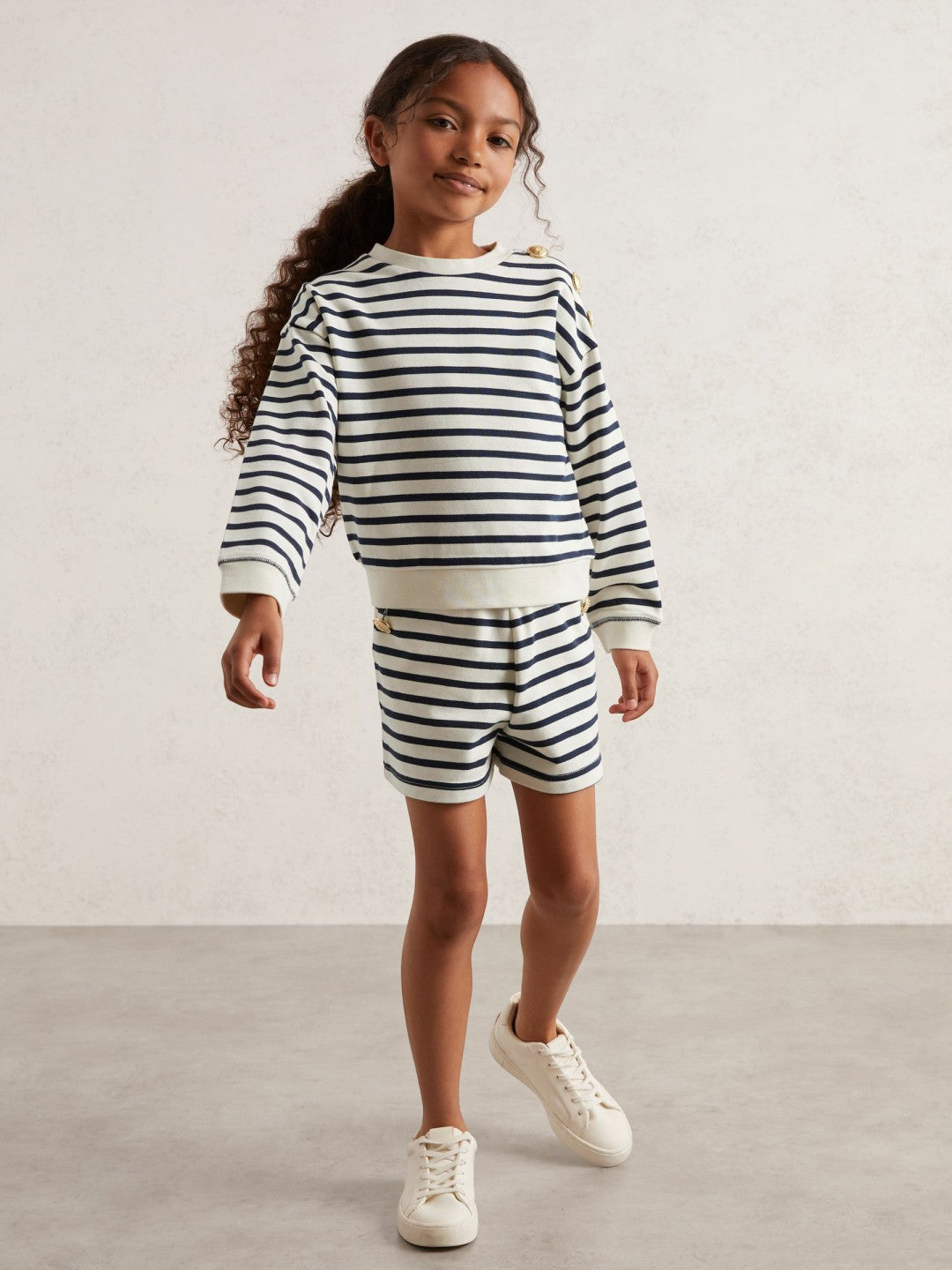 13-14 yrs Stripe Sweatshirt and Shorts Set Cotton-Blend in Navy/Ivory | Reiss Onsale