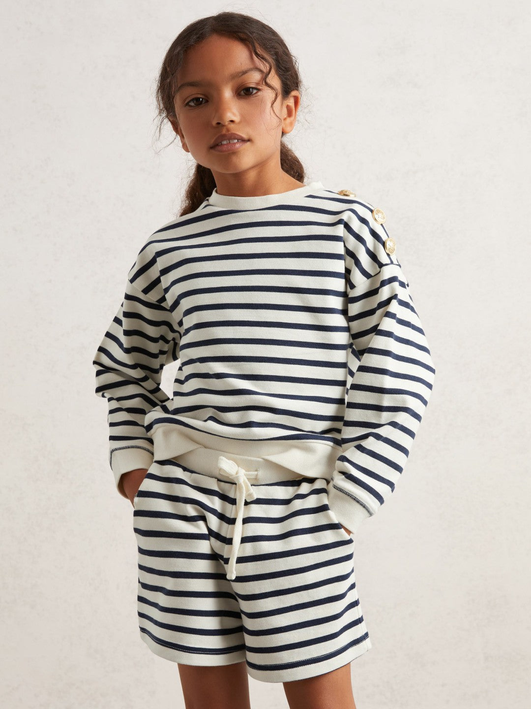 13-14 yrs Stripe Sweatshirt and Shorts Set Cotton-Blend in Navy/Ivory | Reiss Onsale