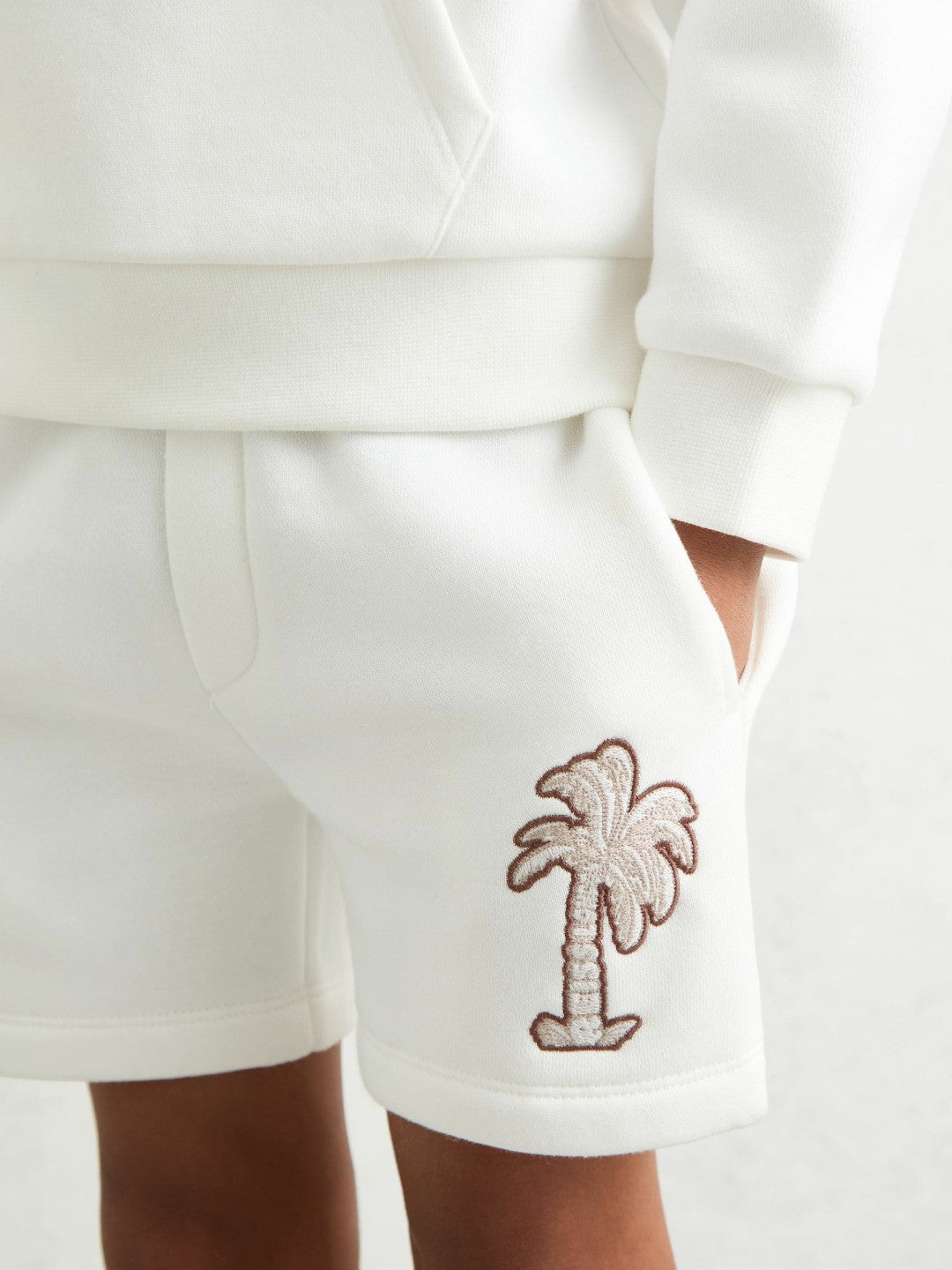 9-13 yrs Cotton Blend Palm Embroidered Shorts in Off White | Reiss For Sale