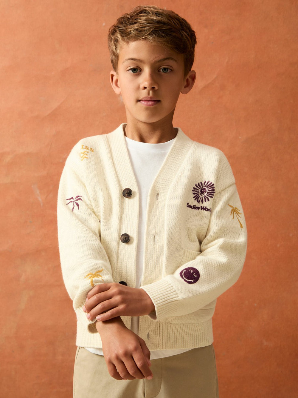 9-13 yrs SmileyWorld Embroidery Cardigan Unisex Fit in Off White | Reiss Sale