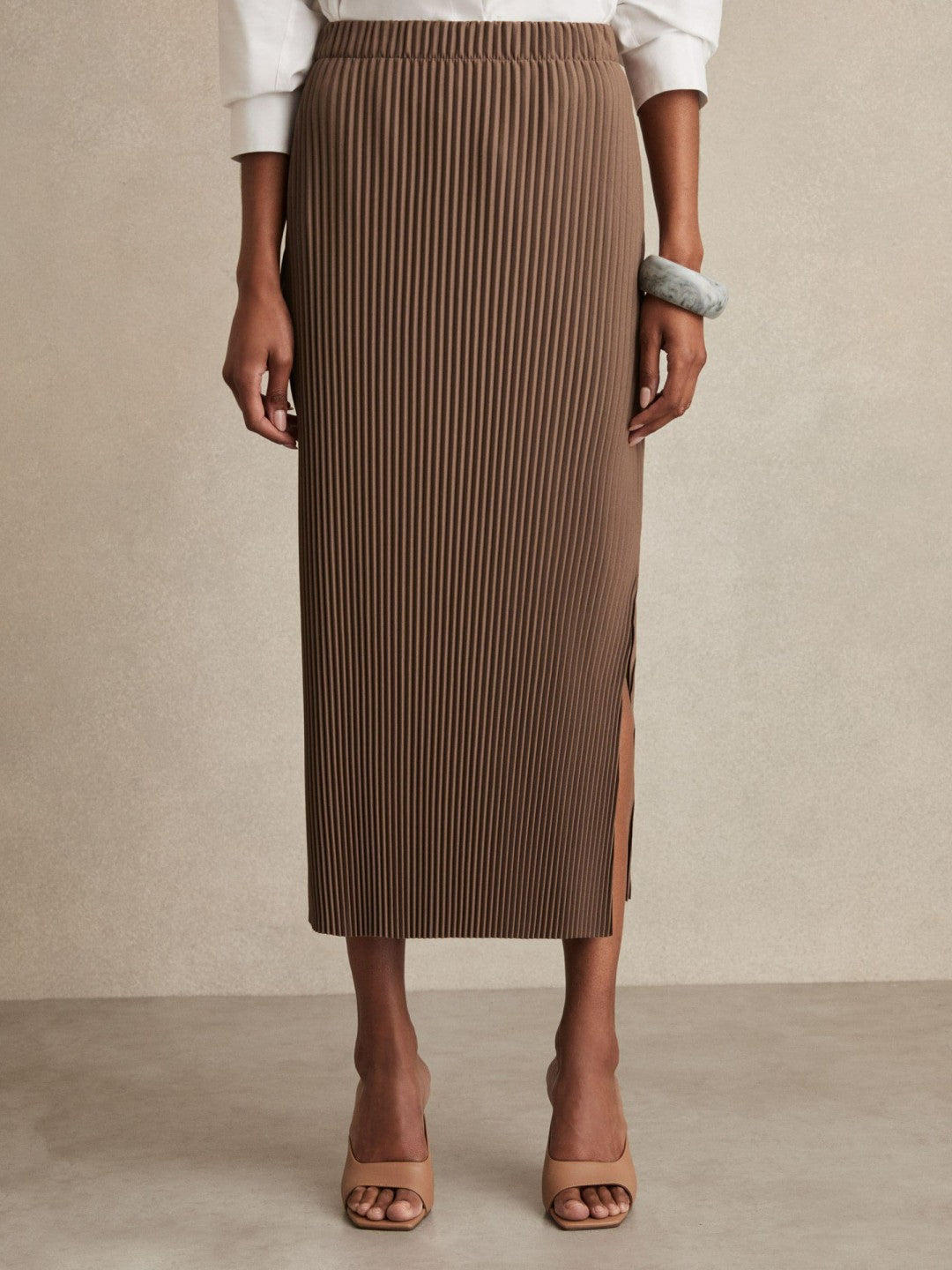 Pleated Jersey Midi Skirt in Chocolate | Reiss Near Me