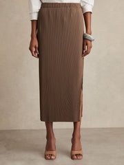 Pleated Jersey Midi Skirt in Chocolate | Reiss Near Me