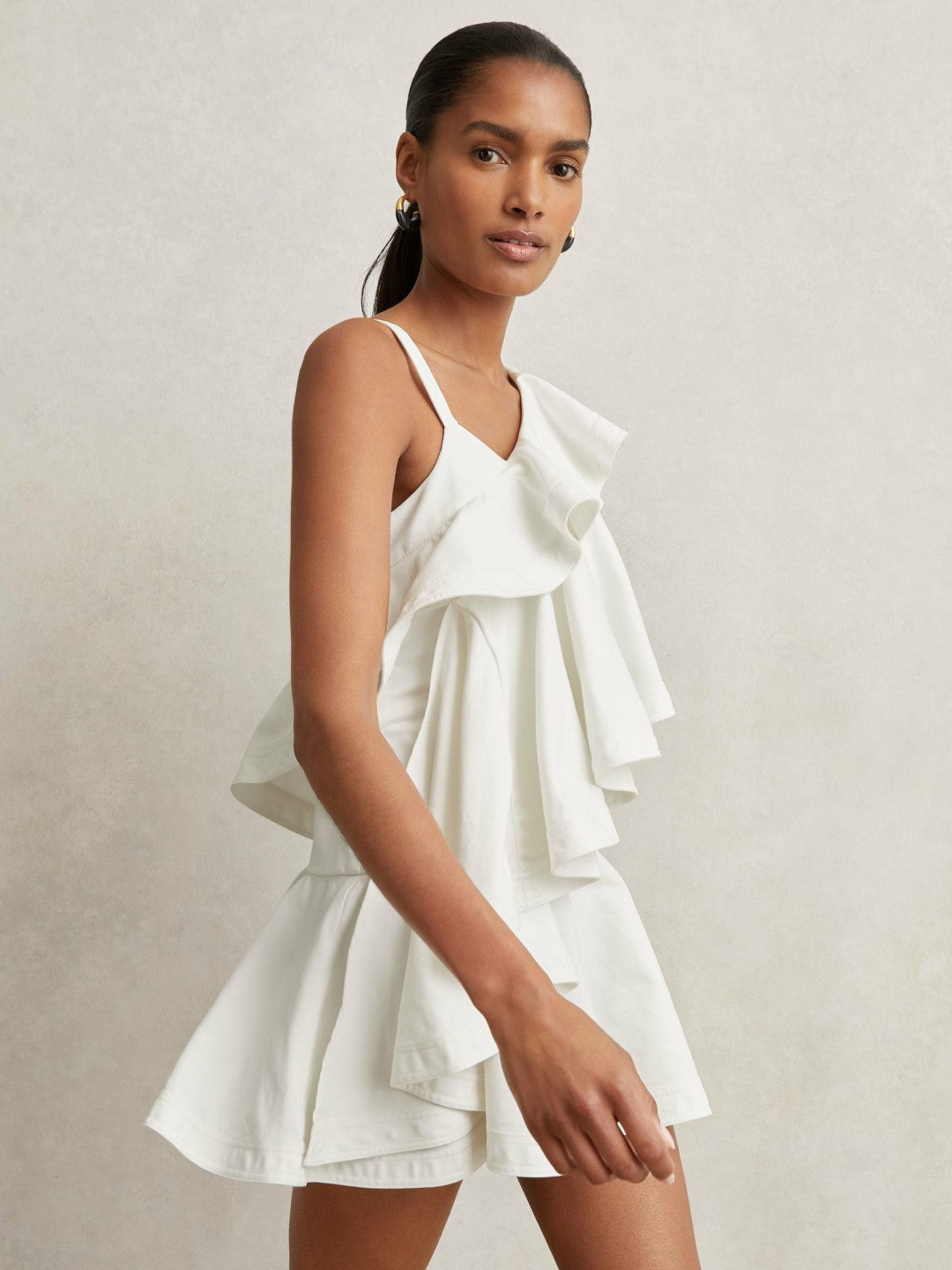 Cotton Tiered Ruffle Mini Dress in Ivory | Reiss For Sale