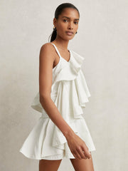 Cotton Tiered Ruffle Mini Dress in Ivory | Reiss For Sale