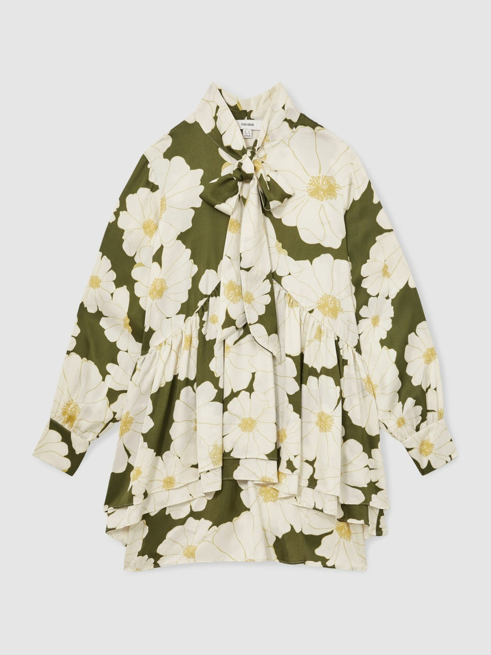 Floral Tie-Neck Swing Dress in Ivory/Green | Reiss