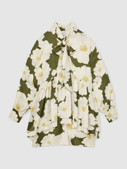Floral Tie-Neck Swing Dress in Ivory/Green | Reiss