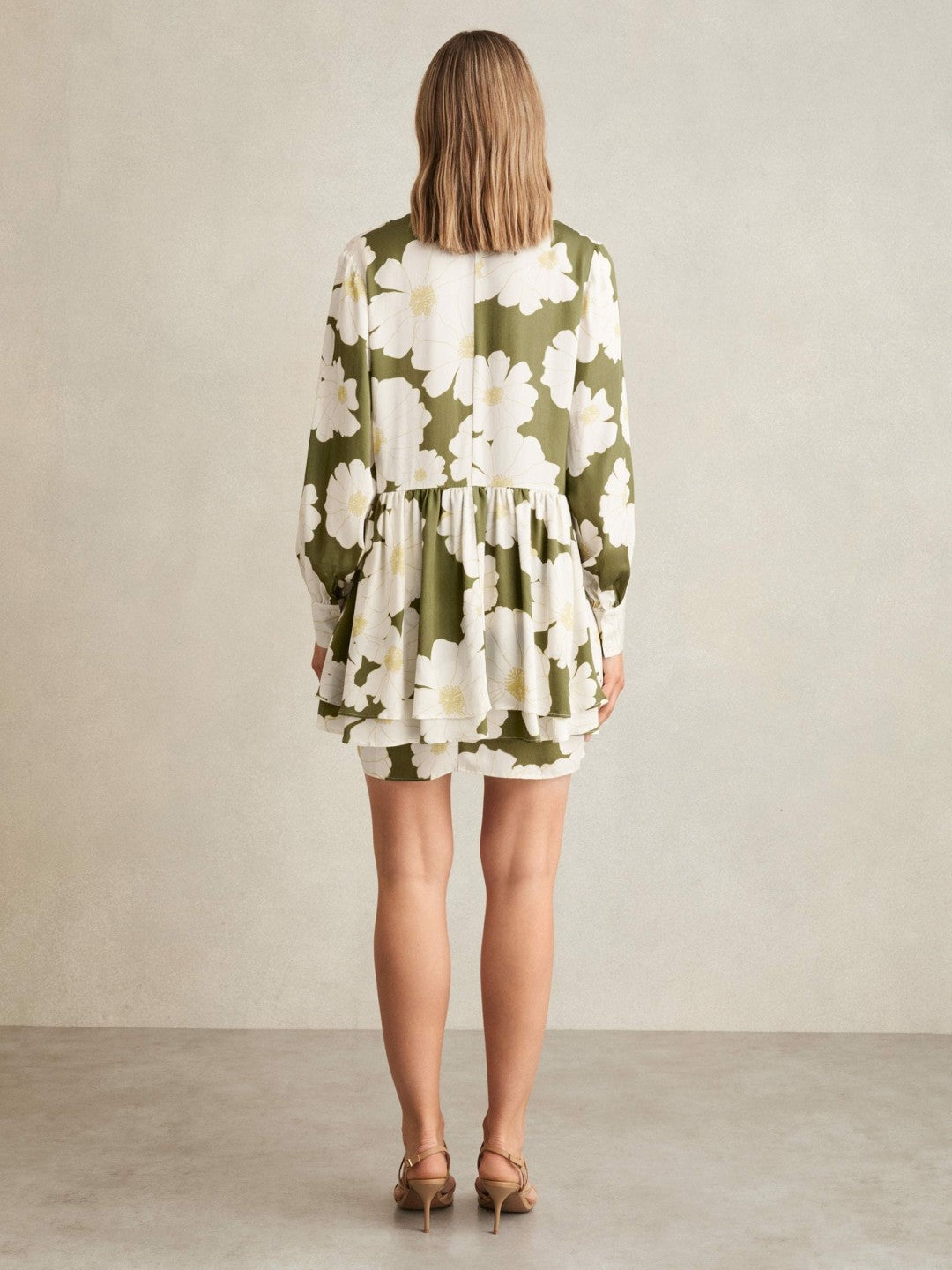 Floral Tie-Neck Swing Dress in Ivory/Green | Reiss