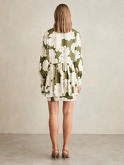 Floral Tie-Neck Swing Dress in Ivory/Green | Reiss