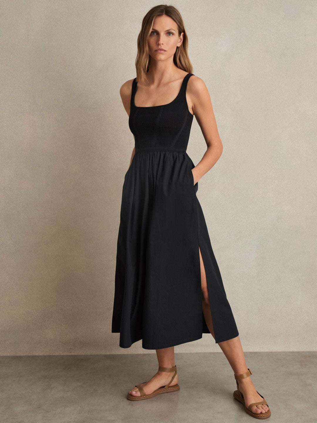 Perforated-Knit Cotton-Skirt Midi Dress in Navy | Reiss Onsale