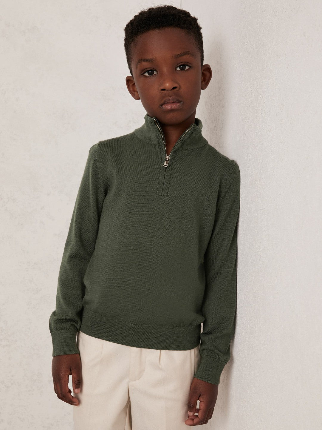3-9 yrs Merino Wool Half-Zip Funnel Neck Jumper in Kale Green | Reiss Sale