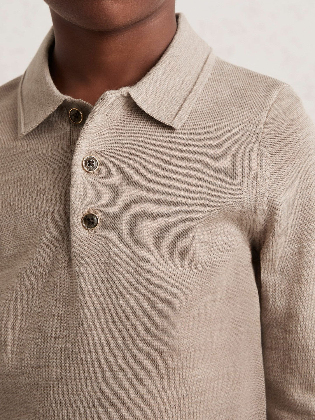9-13 yrs Merino Wool Long-Sleeve Polo Shirt in Wheat Melange | Reiss For Sale